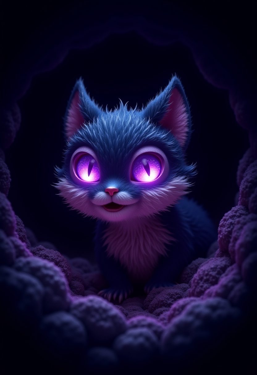 a cute, furry creature emerging from a dark hole. its eyes glow like a purple galaxy