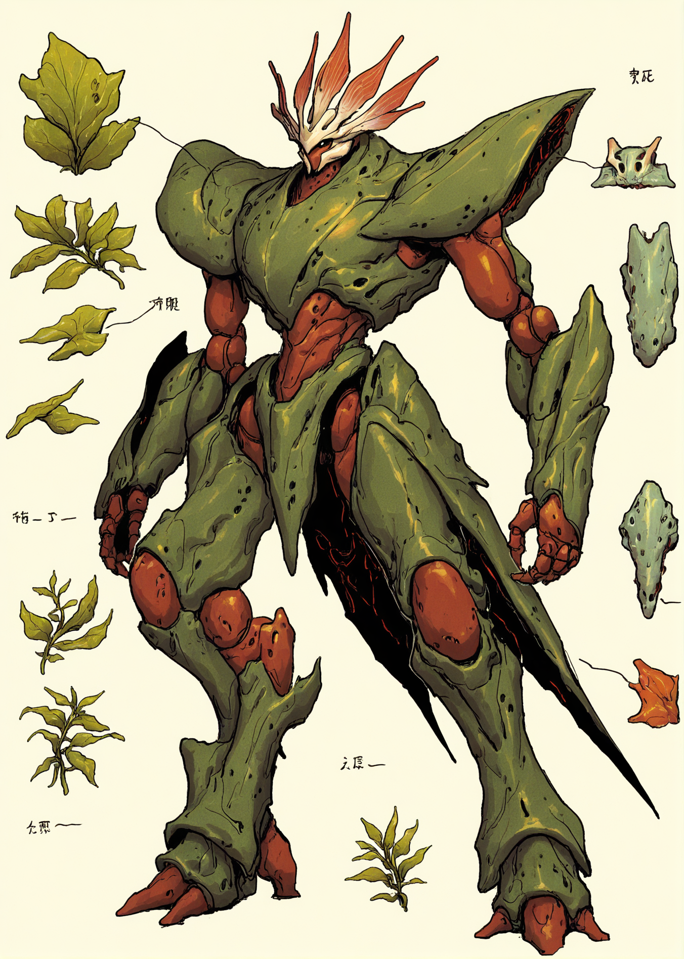 best quality,masterpiece,absurdres,newest,
 <lora:BIOMECHA_XL_C-000018:1>,
(creature,bio mecha,this digital painting depicts a monster that has been mechanically modified:1.3),, This is a digital drawing of a fantastical, insectoid robot with a unique, organic appearance. The robot stands upright on two legs and is predominantly green, with a texture that resembles a rough, scaly surface. Its body is segmented, with each segment detailed with darker green, almost black, lines that suggest joints and armor plating. The head is particularly striking, resembling a leaf or a crown with multiple pointed extensions, each tipped with small, bright red orbs, giving it an almost alien, plant-like appearance. The limbs are long and spindly, ending in sharp, claw-like appendages with a reddish-brown hue, suggesting a combination of metal and organic material. The overall design is intricate, with a mix of smooth, rounded edges and sharp, angular details, creating a visually dynamic and somewhat menacing presence. The background is plain white, emphasizing the robot's complex design. The style of the drawing is reminiscent of concept art, with a focus on imaginative and detailed character design. The artist has used shading and highlights to give the robot a three-dimensional appearance, making it stand out vividly against the stark white background.