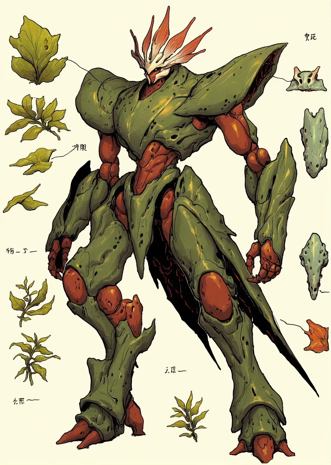 best quality,masterpiece,absurdres,newest,
<lora:BIOMECHA_XL_C-000018:1>,
(creature,bio mecha,this digital painting depicts a monster that has been mechanically modified:1.3),, This is a digital drawing of a fantastical, insectoid robot with a unique, organic appearance. The robot stands upright on two legs and is predominantly green, with a texture that resembles a rough, scaly surface. Its body is segmented, with each segment detailed with darker green, almost black, lines that suggest joints and armor plating. The head is particularly striking, resembling a leaf or a crown with multiple pointed extensions, each tipped with small, bright red orbs, giving it an almost alien, plant-like appearance. The limbs are long and spindly, ending in sharp, claw-like appendages with a reddish-brown hue, suggesting a combination of metal and organic material. The overall design is intricate, with a mix of smooth, rounded edges and sharp, angular details, creating a visually dynamic and somewhat menacing presence. The background is plain white, emphasizing the robot's complex design. The style of the drawing is reminiscent of concept art, with a focus on imaginative and detailed character design. The artist has used shading and highlights to give the robot a three-dimensional appearance, making it stand out vividly against the stark white background.