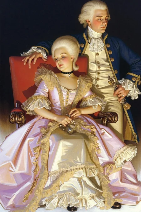 jcleyen1 painting.
An elegant, historical scene. The artwork depicts a woman and a man in 18th-century attire, evoking the Rococo style. The woman, seated on a plush, ornate chair with intricate carvings, wears an elaborate, flowing gown in shades of pale pink and cream with intricate lace and ruffles. The man wears a powdered wig.
<lora:jcleyen1_cap_d6a3e11:1.0><lora:824042063600357329:0>