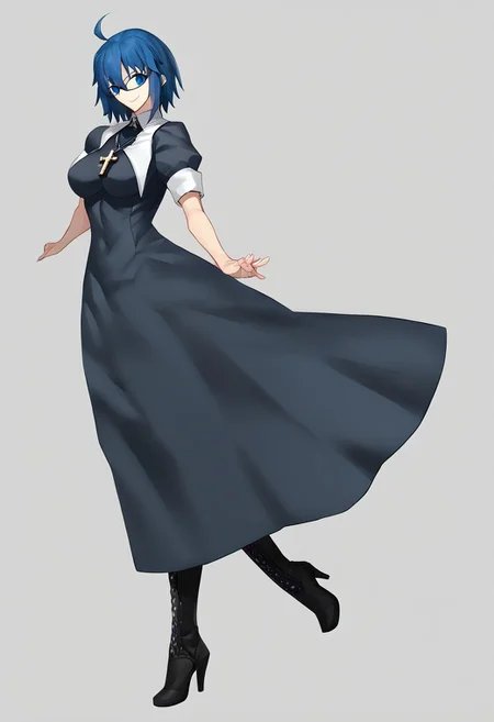 score_9, score_8_up, score_7_up, score_6_up, score_5_up, score_4_up, source_anime, 2girl,
ciel, ciel \(tsukihime\), ahoge, black dress, black footwear, blue-framed eyewear, blue eyes, blue hair, boots, breasts, cross, cross necklace, dress, glasses, habit, hair between eyes, high heel boots, high heels, jewelry, large breasts, latin cross, long hair, short sleeves, necklace, nun, smile, solo,
masterpiece, best quality, very aesthetic, absurdres,