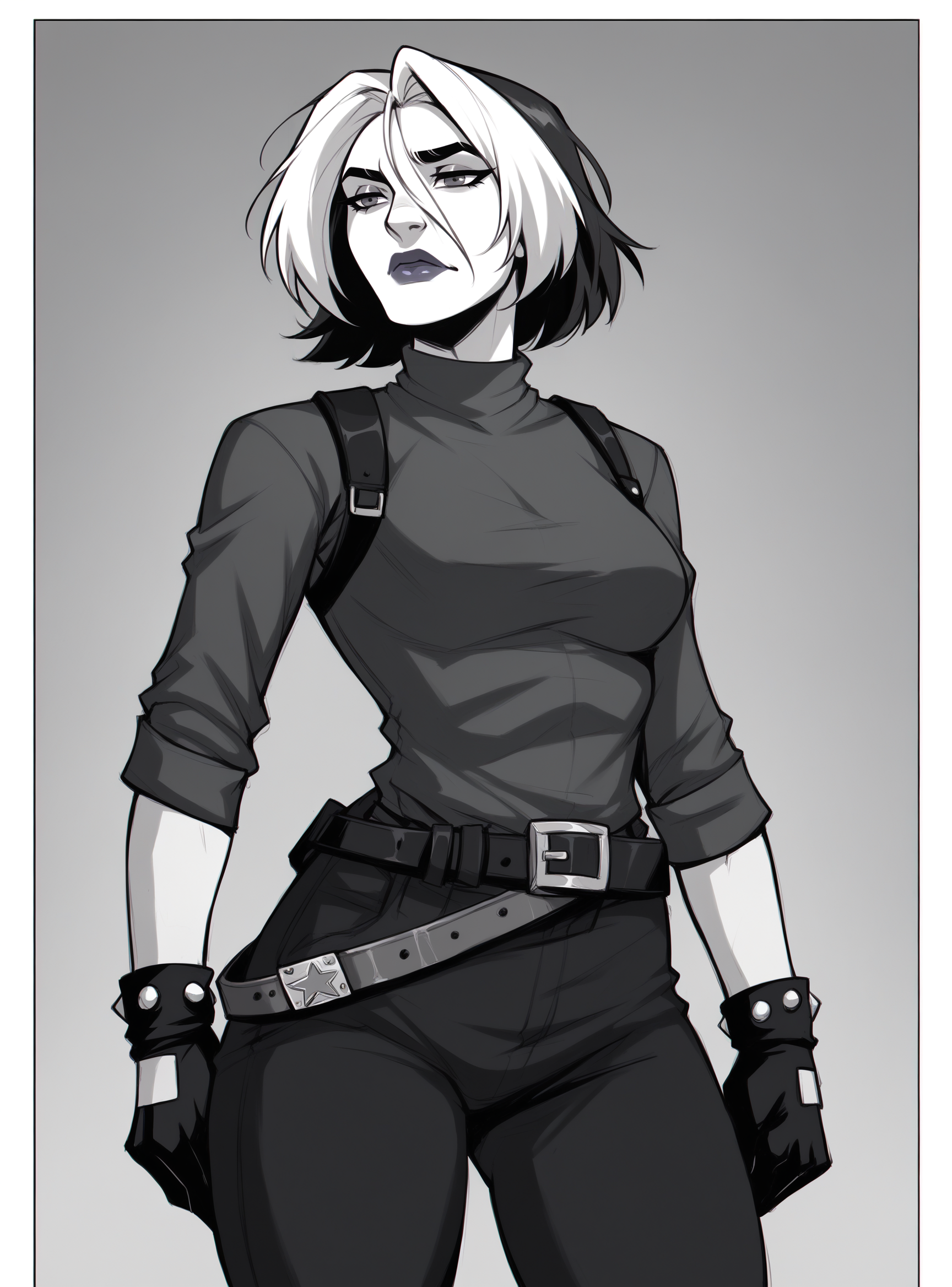 score_9, score_8_up, score_8, score_9, score_8_up, score_7_up,zPDXL2, source_anime,
roguexl, bangs, 1girl, short hair, lipstick, solo, black gloves, medium breasts, belt,mangamix, monochrome, comic, greyscale, (lineart:0.8), 
 <lora:roguexl:1>