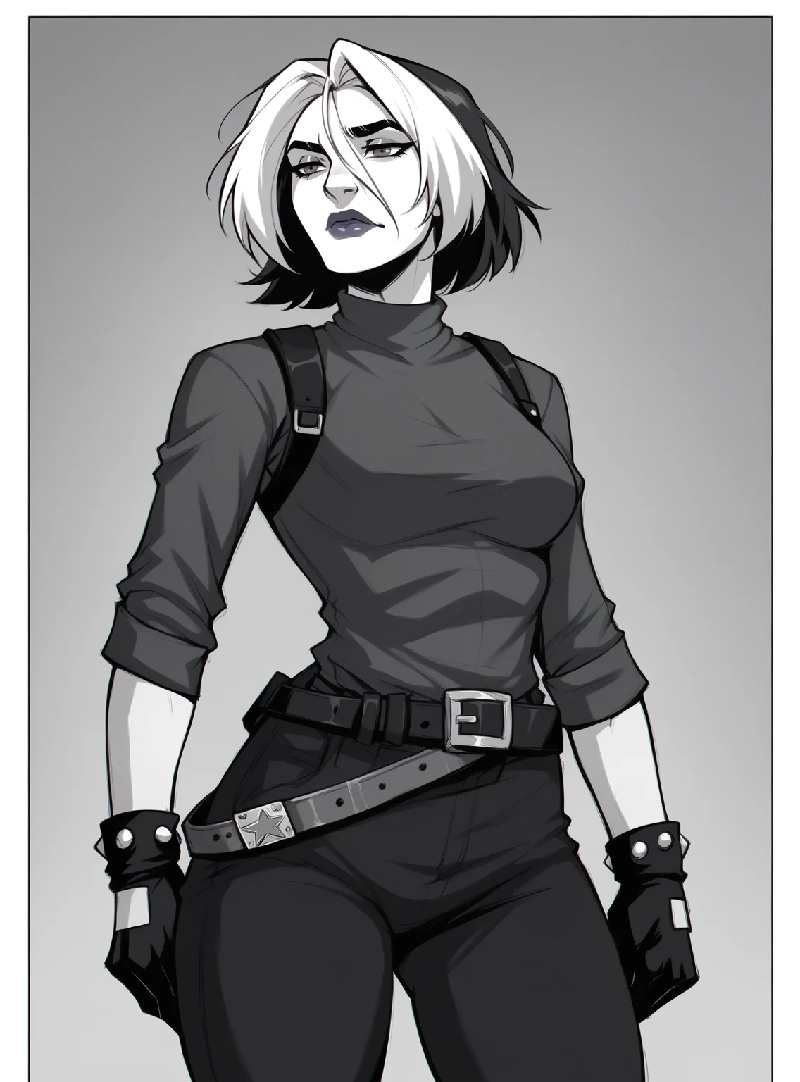 score_9, score_8_up, score_8, score_9, score_8_up, score_7_up,zPDXL2, source_anime,
roguexl, bangs, 1girl, short hair, lipstick, solo, black gloves, medium breasts, belt,mangamix, monochrome, comic, greyscale, (lineart:0.8),
<lora:roguexl:1>