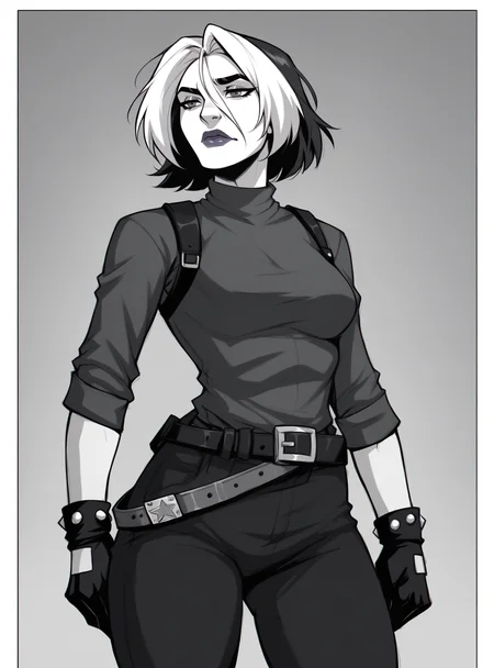 score_9, score_8_up, score_8, score_9, score_8_up, score_7_up,zPDXL2, source_anime,
roguexl, bangs, 1girl, short hair, lipstick, solo, black gloves, medium breasts, belt,mangamix, monochrome, comic, greyscale, (lineart:0.8),
<lora:roguexl:1>