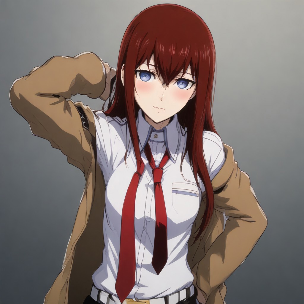 A naughty image of Makise Kurisu standing one arm up showing her navel and sexy body , Anime style , jacket , arm up, navel, blush, red necktie, belt, White shirt, Large boobs, , Shorts, looking at viewer,