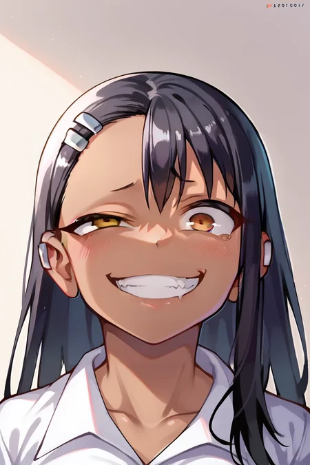 zPDXL, <lora:Concept_Gesugao:1>, 1girl, gesugao, parted lips, smile, nagatoro, face focus, dark skin