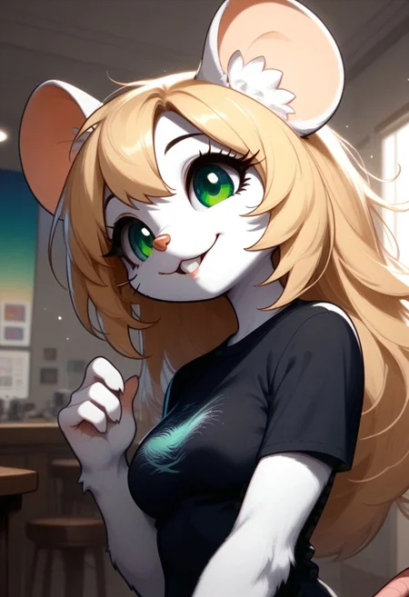 score_9, score_8_up, score_7_up, source_furry, FMW1, fluffy, painterly, vibrant details, indoors, Chloe, 1girl, solo, (medium breasts:2), long hair, blonde hair, animal ears, (green eyes, gradient eyes:1.5), furry female, mouse ears, mouse girl, mouse tail, body fur ,white fur, bangs, animal nose, buck teeth, 
upper body, headshot, long eyelashes, wide smile, parted lips, black t-shirt, hands up