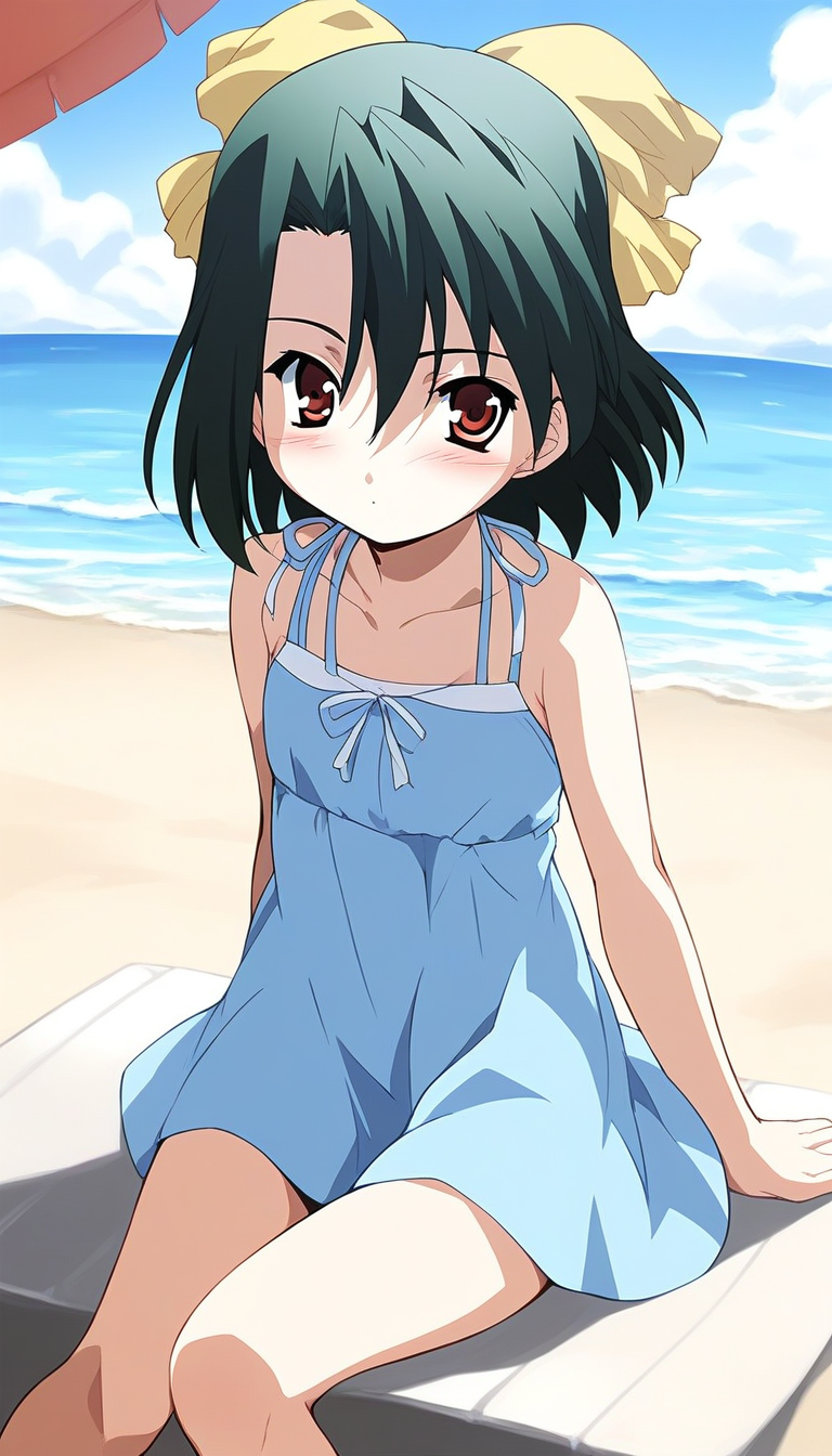 score_9, score_8_up, score_7_up, source_anime, rating_explicit, BREAK  <lora:Kiyoura_Setsuna_XL:1> Kiyoura_Setsuna, black hair,  green hair, short hair, red eyes, Yellow bow, hair ribbon, flat chest,hair between eyes, bangs,
1girl, sitting, dress, solo, chibi, bow, blush, looking at viewer, light blue dress, 
outdoor, beach, summer,