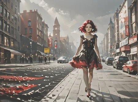 score_9, score_8_up, score_7_up, full body image, environment interaction, walking, 1girl, pale skin, medium breasts, <lora:sm0k3XLP:1>, <lora:goth_clothes:1>, lollita dress, black dress, lollita, red details, crimson red hair, black highlights, <lora:_sdxl-gaming-pony:1>, <lora:simple_cartoon_style:1>, expansive landscape painting background, art gallery,