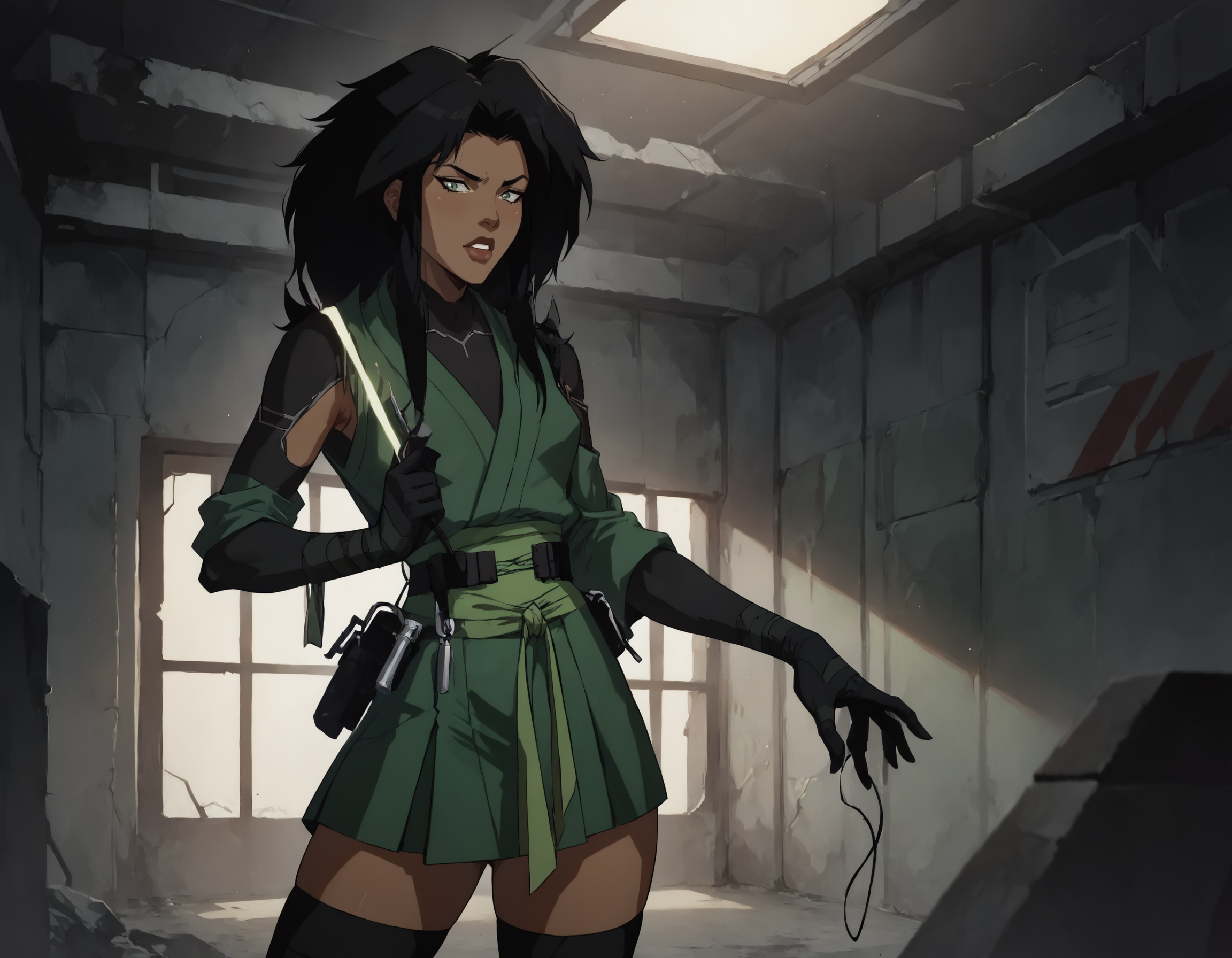 score_9, score_8_up, score_7_up, face focus, extreme closeup, detailed face, 1girl, woman, a mature female, (tall slim athletic female:1.3), skinny, dark-skinned female, black hair, (Pretending to pull an invisible rope), 
gloves, thighhighs, japanese clothes, black gloves, black thighhighs, green kimono, bodysuit, belt,
(abandoned warehouse, industrial),
ch3shire,
 <lora:ch3shire:1>,
 <lora:Blacklight_XL:0.5> blacklight,
 <lora:- SDXL - vanta-black_contrast_V3.0:0.5>,
 <lora:Concept Art DarkSide Style LoRA_Pony XL v6:0.5>, low light,