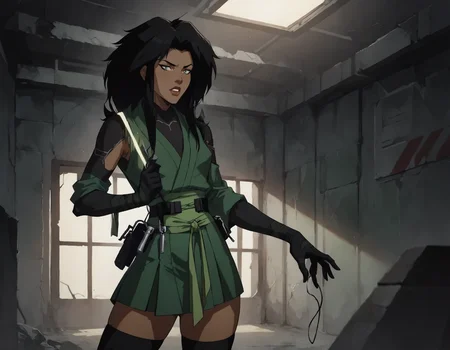 score_9, score_8_up, score_7_up, face focus, extreme closeup, detailed face, 1girl, woman, a mature female, (tall slim athletic female:1.3), skinny, dark-skinned female, black hair, (Pretending to pull an invisible rope),
gloves, thighhighs, japanese clothes, black gloves, black thighhighs, green kimono, bodysuit, belt,
(abandoned warehouse, industrial),
ch3shire,
<lora:ch3shire:1>,
<lora:Blacklight_XL:0.5> blacklight,
<lora:- SDXL - vanta-black_contrast_V3.0:0.5>,
<lora:Concept Art DarkSide Style LoRA_Pony XL v6:0.5>, low light,