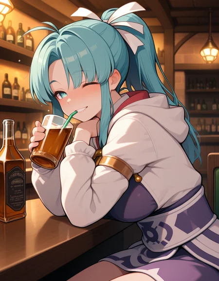 <lora:1_illu_mia_32e:1> m14, 1girl, solo, blue eyes, blue hair, ahoge, ponytail, hair bow,, drunk, smile, drinking, sitting, pub, (masterpiece, best quality, amazing quality)