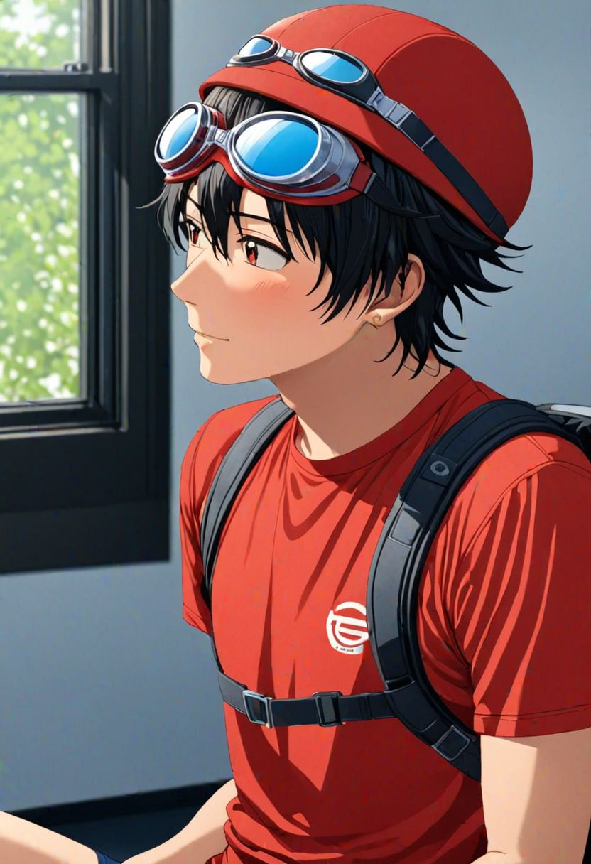 Yuusuke Fujisaki, Red Hat, Goggles, masterpiece, Candid Photo, best quality, 1boy, solo, male focus, High definition, Black hair, 4K, gym boy