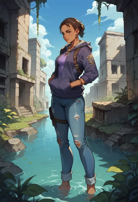 score_9, score_8_up, score_7_up,
1girl, Sheva Alomar, hoodie, jeans, in an abandoned ruins, dark, dark fantasy, torches, water, flora, eyes in the dark
