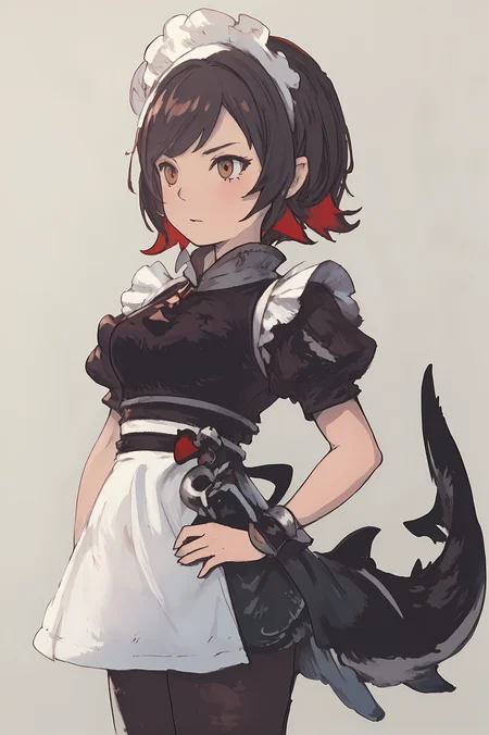 score_9, score_8_up, score_7_up, (masterpiece:1.4), (best quality:1.4), (Yoshida_Akihiko_PonyXL_style_v02.10.01:1.0), solo, 1girl, gray background, (chibi) ellenjoe, ellen joe, black hair, colored inner hair, multicolored hair, red eyes, red hair, short hair, two-tone hair, apron, black pantyhose, black shirt, black skirt, ear piercing, fins, fish tail, maid, maid apron, maid headdress, pantyhose, piercing, puffy short sleeves, puffy sleeves, shark girl, shark tail, shirt, short sleeves, skirt, tail, two-tone hair, wrist cuffs, round breasts, hands on hips, (Bravely Default Style), yoshida akihiko, serious face, (red eyes:1.5), <lora:pony\char\game\hoyo\ellen-joe-ponyxl-lora-nochekaiser.safetensors>, <lora:pony\style\Yoshida_Akihiko_PonyXL_style_v02.10.01.safetensors>, <lora:styles\yoshida_akihiko_offset.safetensors>, <lora:styles\BravelyDefault.safetensors>, <lora:pony\body\Round_Breasts_XL_XV7-000038.safetensors>, <checkpoint:[Pony] prefectPonyXL_v10.safetensors>, <checkpoint:[SD15] flat2DAnimerge_v45Sharp.safetensors>, <checkpoint:[SD15] Anime_Sketchink.safetensors>