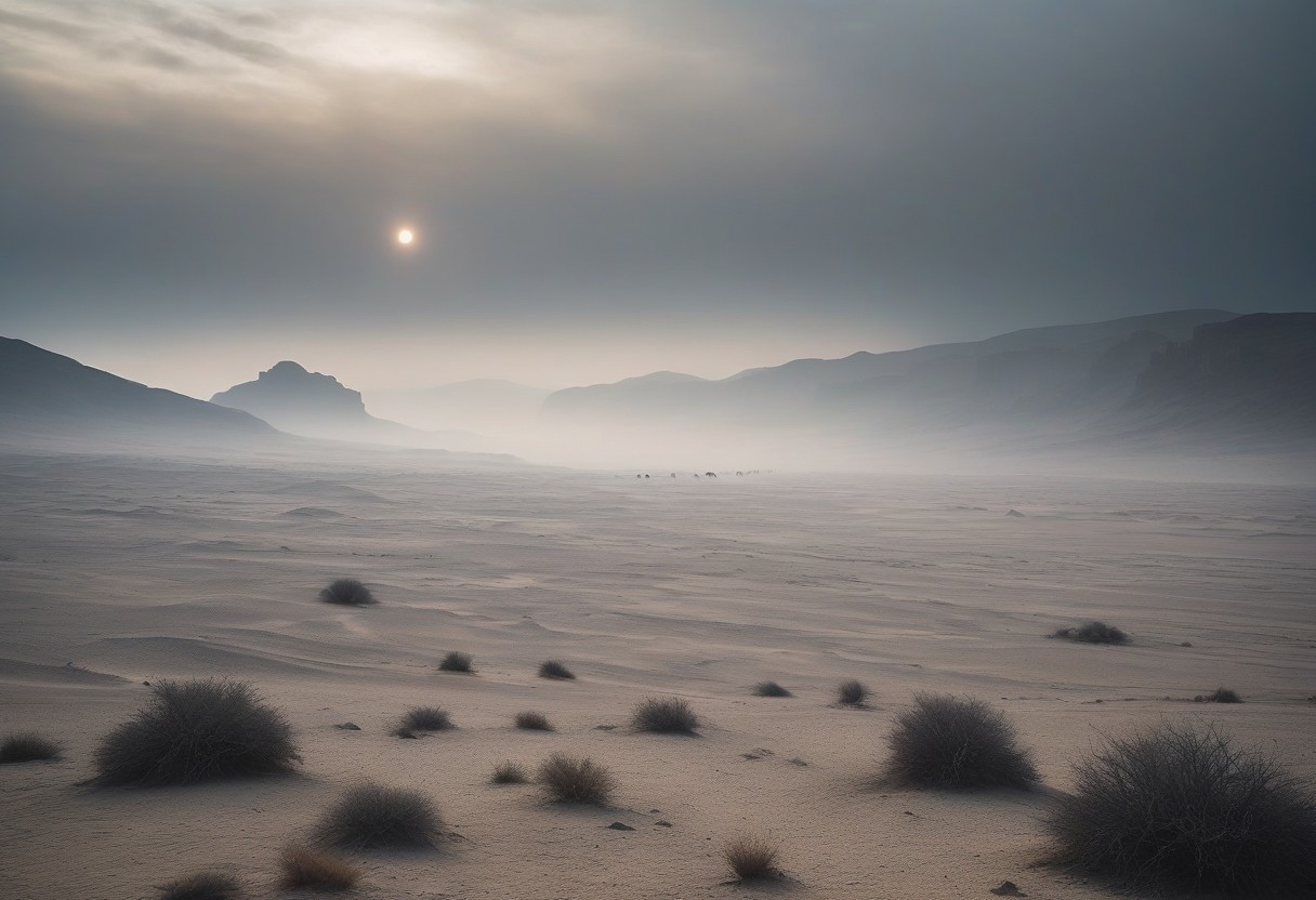 A vast caravan migrates through a barren desert valley, leading to a colossal weathered plain under a hazy sky, stony grays, a dense gray mist clogs the air with a soft ethereal glow,