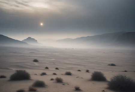 A vast caravan migrates through a barren desert valley, leading to a colossal weathered plain under a hazy sky, stony grays, a dense gray mist clogs the air with a soft ethereal glow,