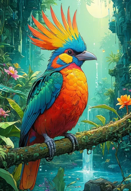 Artwork, a digital artwork, close up image of 1paradise bird, colorful, jungle, plants, flowers, water, vibrant colors, highly detailed, aesthetic, great lighting, extremely detailed, perfect composition, a vibrant tissue of hues and textures captured digitally, best quality, realistic, captivating, intricately detailed, hyper detailed, maximalist style, dynamic lighting, superb composition, finest details, highest aesthetics, best quality, sharp focus, high contrast, stylized, clear, colorful, ultra quality, whimsical, fantastic, splash art, intricate detailed, hyperdetailed, maximalist style, hyper detailed, maximalist style, concept art, sharp focus, harmony, serenity, calm, mysterious glow, dynamic lighting, superb composition, sharp focus, high contrast, stylized, clear, colorful, ultra quality, best quality, ,..(anime,cyberpunk,Moebius (Jean Giraud) Style page), comicbookpencils