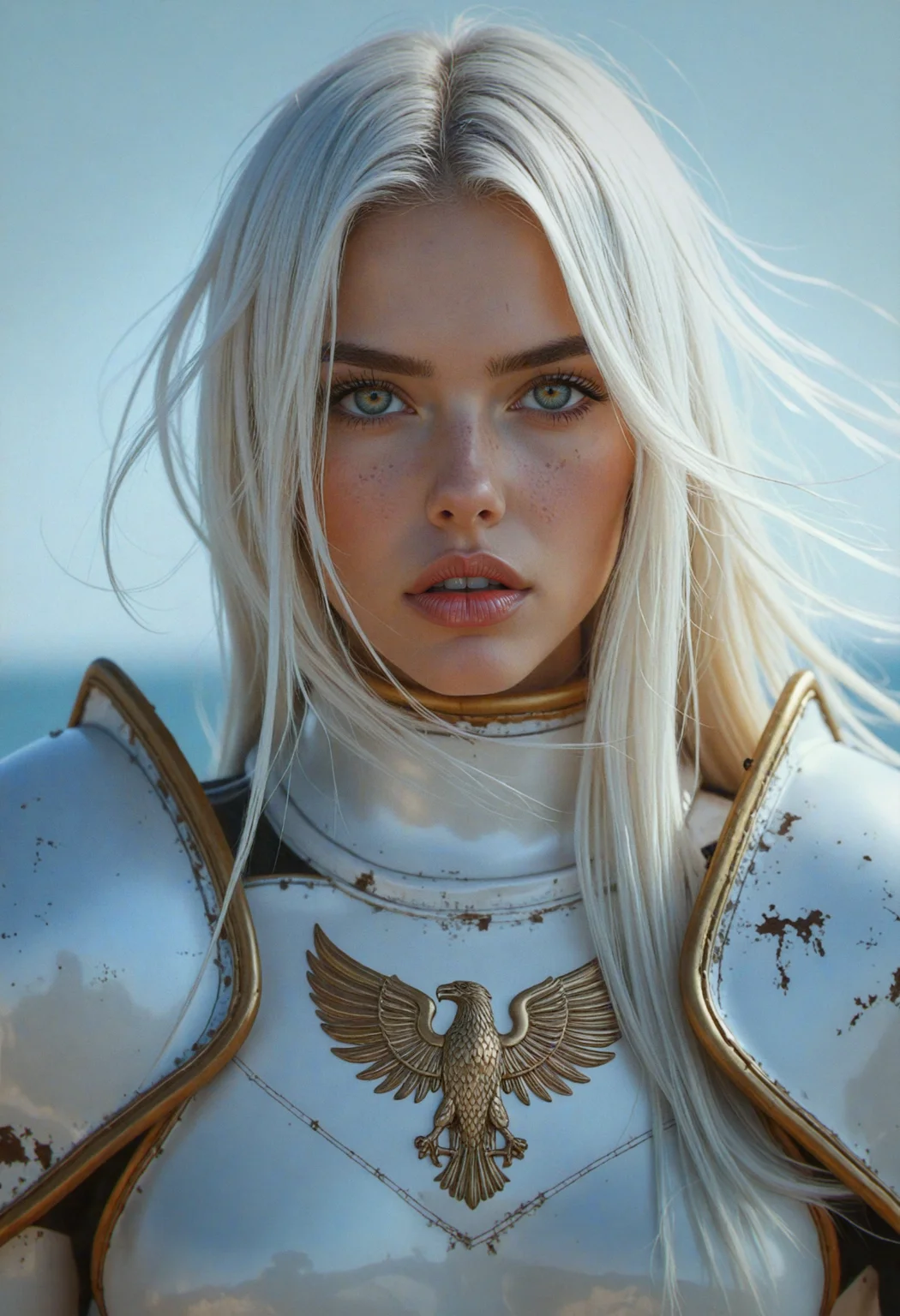 Maintain the face. (dark mood masterpiece Photography:1.2) hyperrealistic art of a mysterious slender woman with expressive blue eyes and bold eyeliner, she has sensuous lips, long straight white hair, windy. she's wearing a shiny but partially damaged and scratched armour with a eagle logo in the center of the breast plate, white and gold color scheme. The extreme realism focuses on her detailed skin, showing fine textures and natural highlights. photography masterpiece, modern, irresistible beauty, unusual composition, use of negative space, (rule of thirds composition), mysterious, emotional, eye-level shot . extremely high-resolution details, photographic, realism pushed to extreme, fine texture, incredibly lifelike