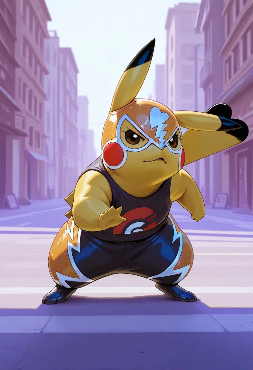 pikachu_libre, solo, establishing shot, standing, looking at viewer, masterpiece, best quality, feral