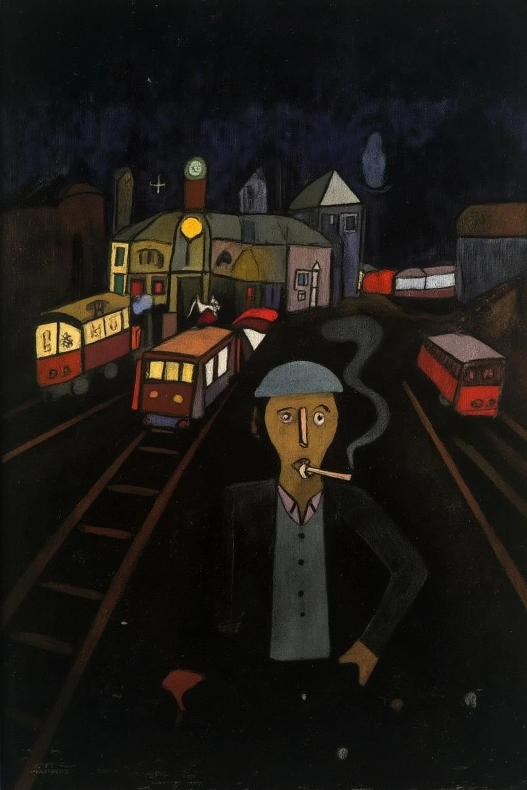 paulklee1 painting of a man smoking at a busy trainstation in the rain. <lora:paulklee1_cap_d8a4e12:1.0><lora:839872995225960304:0>