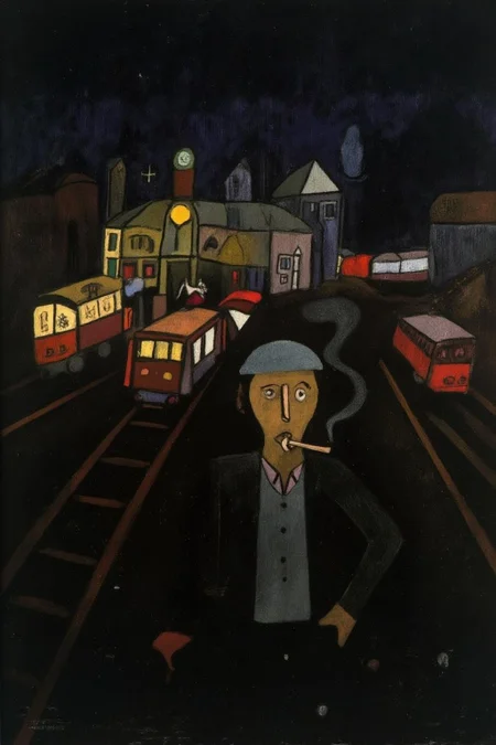 paulklee1 painting of a man smoking at a busy trainstation in the rain. <lora:paulklee1_cap_d8a4e12:1.0><lora:839872995225960304:0>