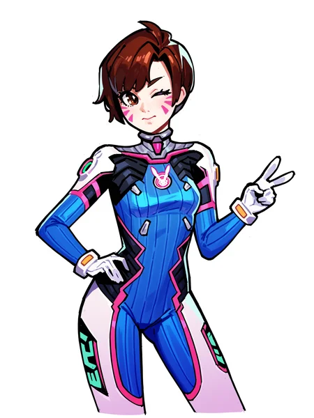 score_9, score_8_up, score_7_up, score_6_up, score_5_up, score_4_up,
BREAK
1girl, d.va \(overwatch\), brown hair, short hair, tomboy, facial mark, brown eyes,
BREAK
solo, standing, bodysuit, peace sign, wink,
BREAK
white background, simple background, angled shot, dynamic pose, dynamic angle, <lora:Lunas-KaatokunArt-SDXL-A1:1>