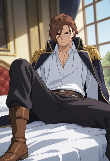 perfect anatomy, perfect proportions, best quality, masterpiece, high_resolution, high quality, best aesthetic, incredibly absurdres, highres, extremely detailed, huge filesize, solo male, adult, mature, masculine, manly, handsome, charming, alluring, standing, upper body, dutch angle, cowboy shot, perfect face, source_anime, anime coloring, Graf Granat, FRRGraf, brown hair, hair parted to one side, facial hair, stubble, blue eyes, sanpaku, FRRGraf_outfit01, white collared shirt, dark blue coat, open coat, coat over shoulders, gold epaulettes, black pants, matching boots, sitting on bed, knee up, spread legs, lying back, (day, palace), looking at viewer, innocent face, depth of field, bokeh, sharp focus, intricate, smooth, elegant, fantasy, cinematic lighting, cinematic, matte, photorealistic, 4k, beautiful, volumetric lighting, dramatic,