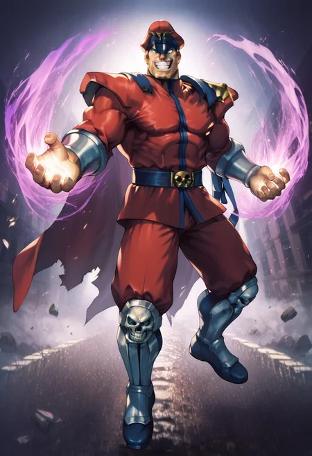 zPDXL3,RE_Engine,score_9_up,score_8_up,score_7_up,detailed,(best quality:1.2),digital media \(artwork\), BREAK, solo,best quality, 1boy, solo male, M bison, (street fighter), red uniform, red cape hat, grin, white eyes, peaked cap, silver skull pauldrons and gauntlets, grey hair, manly, military uniform, muscular, destroyed city, night, dynamic lighting, full body, floating, purple aura