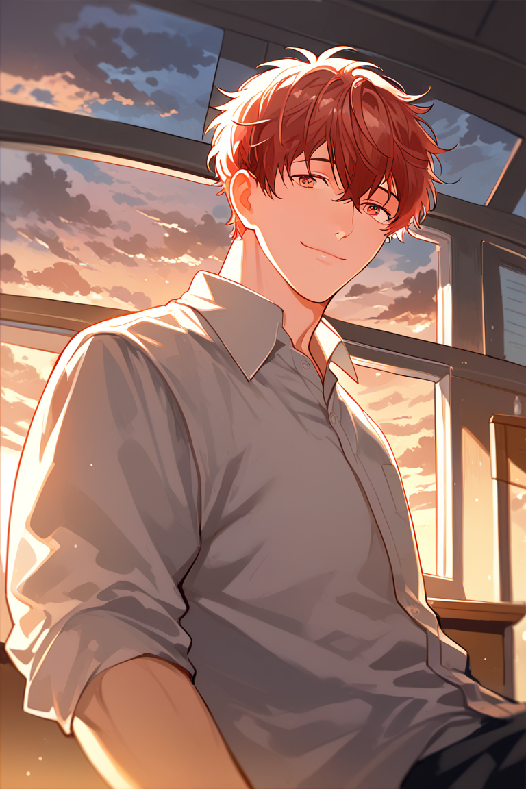 score_9, score_8_up, score_7_up, source_anime, rating_questionable, realistic shading, sidelighting, 1stmale focus, looking away, expressive cute face, mafuyugiven, brownish red_mafuyu_1stmale hair, orange_mafuyu_1stmale eyes, 1stboy, closed mouth, smiling, shiny skin, sitting on chair, cowboy shot, afternoon indoors classroom, sunset, window, cloudy sky outdoors, from side, foreshortening, dutch angle, dynamic angle, intricately detailed illustration, depth of field