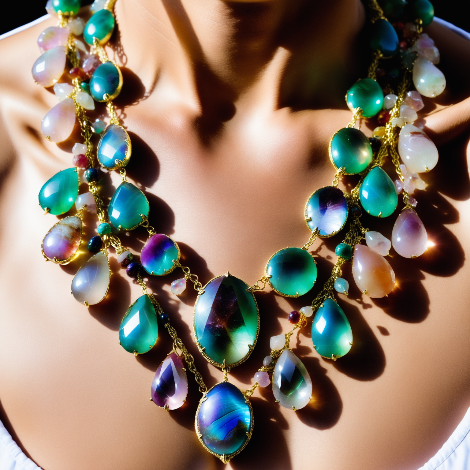 a close up of a necklace made out of  multicoloured Jed-Auquartz,   <lora:AuraQuartzStyle:0.8>