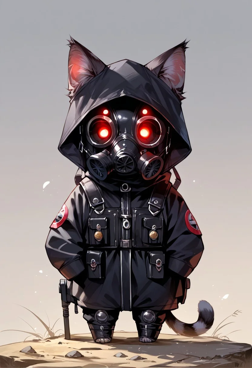 score_9, score_8_up, score_7_up, (source_anime, rating_safe), (very cute two-tone cat, black white, glowing eyes), (wearing a gas mask, no clothes, two-tone fur black white), (detailed image, high resolution, 5k resolution:1.0), (chibi art style:1.1)
