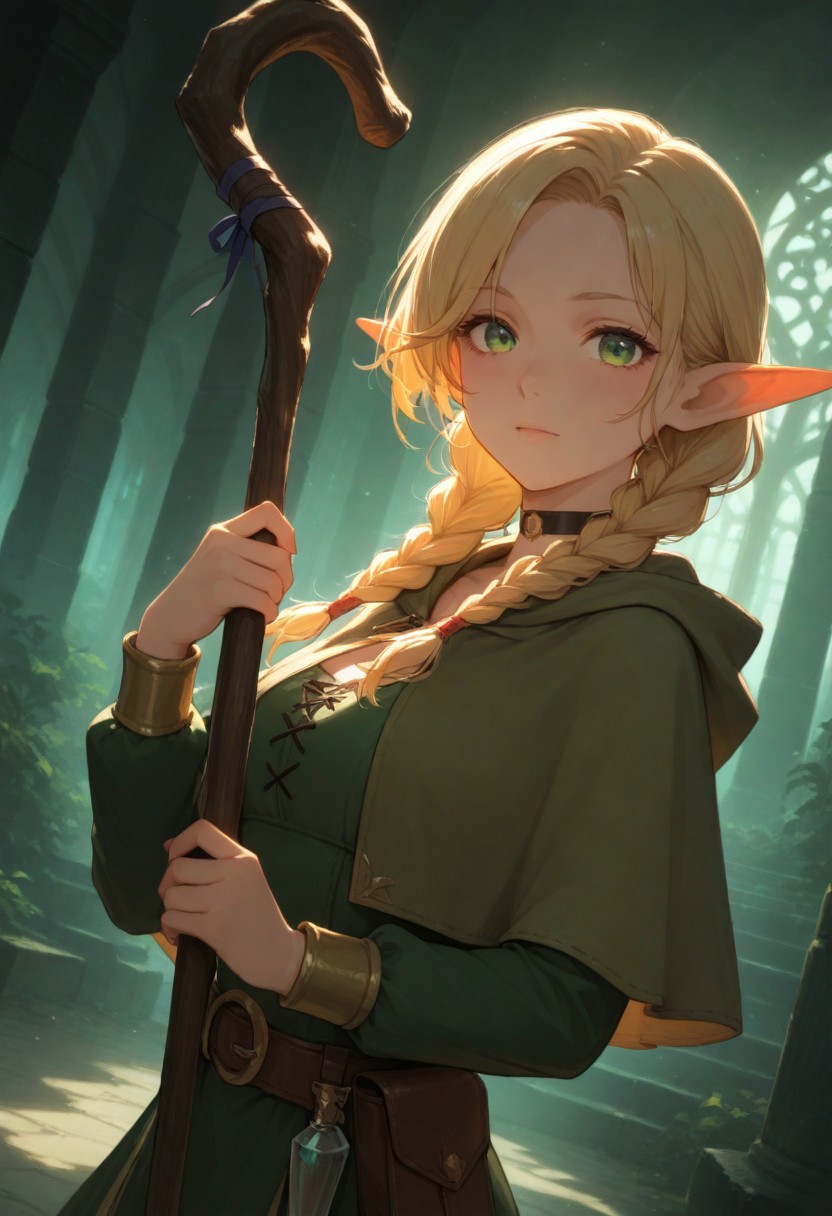 volumetric lighting, ambient occlusion, luminescent background, masterpiece, best quality, absurdres,masterpiece, best quality, very awa, absurdres,,mage
BREAK
dynamic pose,dynamic angle,upper body focus, close-up, cinematic angle, looking at viewer
BREAK
1girl,elf,blonde hair,long hair,braid,twin braids, pointy ears, green eyes, choker,capelet, dress,belt,pouch,staff,holding staff,