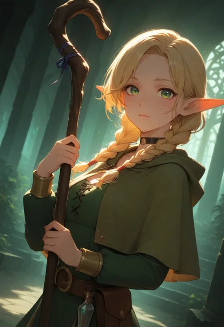 volumetric lighting, ambient occlusion, luminescent background, masterpiece, best quality, absurdres,masterpiece, best quality, very awa, absurdres,,mage
BREAK
dynamic pose,dynamic angle,upper body focus, close-up, cinematic angle, looking at viewer
BREAK
1girl,elf,blonde hair,long hair,braid,twin braids, pointy ears, green eyes, choker,capelet, dress,belt,pouch,staff,holding staff,
