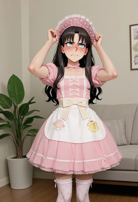 masterpiece, best quality, shiny skin, skindentation, polyle-il,
BREAK,
1girl, rin_tohsaka, fate_(series), small breasts, freckles, blushing, embarrassed, angry, looking up,
BREAK,
standing, adjusting bonnet, adjusting headwear,
BREAK,
PomPomPurinmotifdress, pink dress, bow, frills, short sleeves, apron, polka dot, ribbon, lace trim, puffy sleeves,
white stockings, frilly stockings, pink print stockings, pink bonnet, frilly bonnet,
BREAK,
living room, wallpaper, furniture, potted plants,