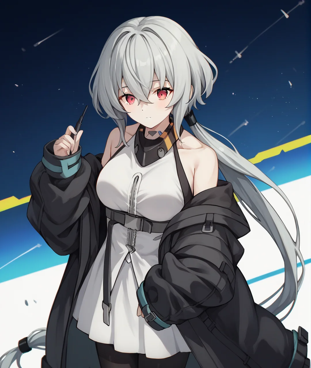 score_9, score_8_up, score_7_up, score_6_up, score_5_up, score_4_up, BREAK source_anime,
<lora:Noir_PONY:1>,noir,1girl, solo, red eyes, grey hair, bangs,very long hair,low ponytail, hair between eyes, bare shoulders, black jacket,white dress,black pantyhose,
