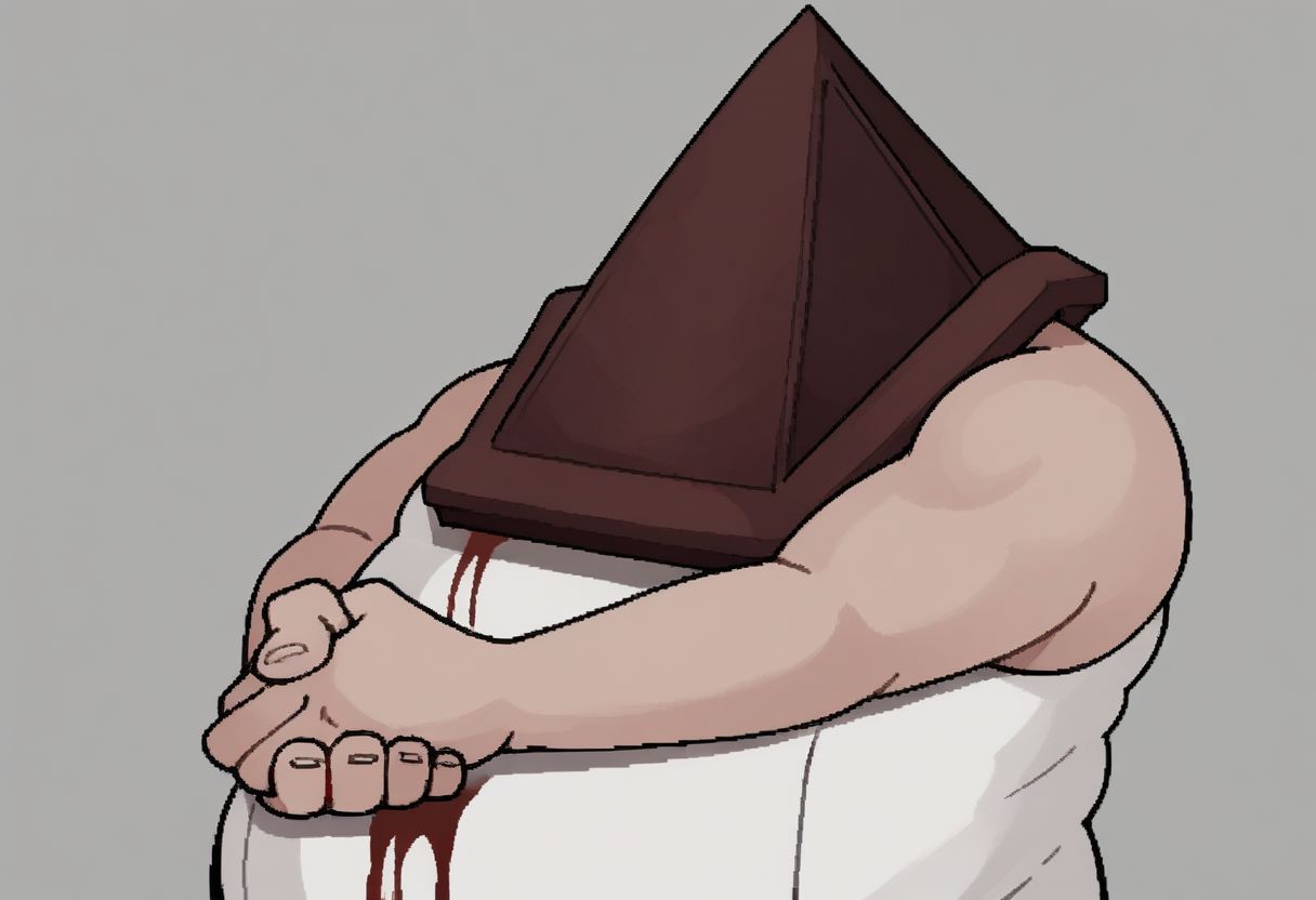 1boy, solo, PyramidHead, helmet, PyramidHead, helmet, white coat, sleeveless, blood on clothes, white pants, morshu, fat, cleft chin, own hands together, upper body