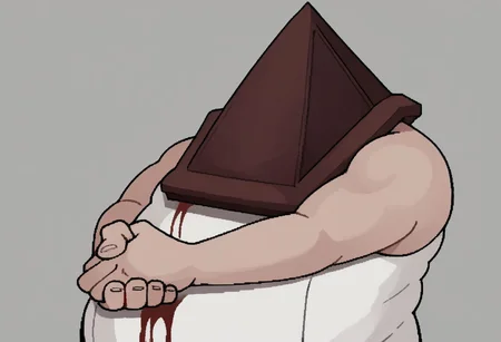 1boy, solo, PyramidHead, helmet, PyramidHead, helmet, white coat, sleeveless, blood on clothes, white pants, morshu, fat, cleft chin, own hands together, upper body