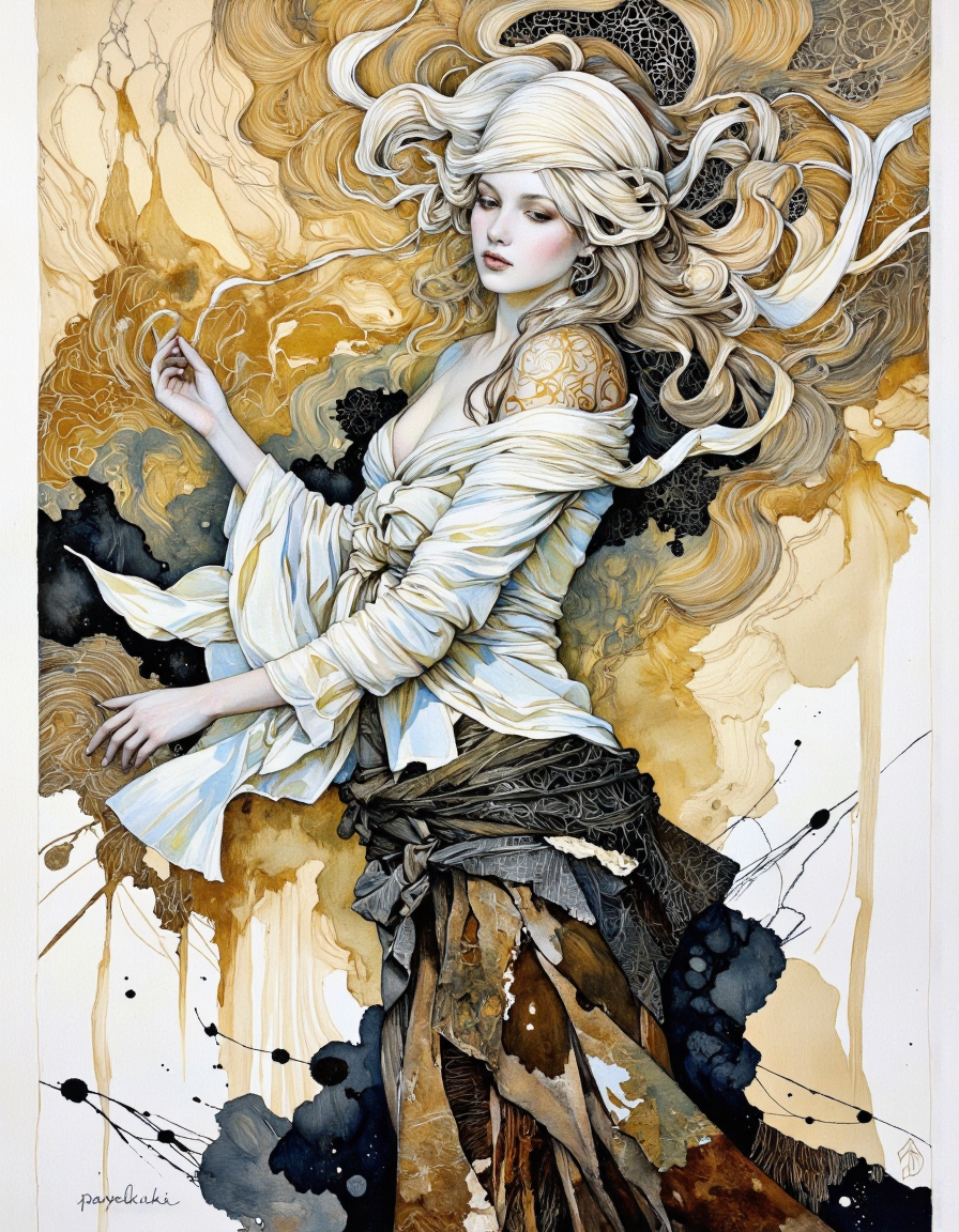 This is a digital artwork created in a mixed media style, blending elements of watercolor and ink. The image features a female figure with flowing, ethereal hair and a serene, almost melancholic expression. She is depicted in a dynamic, almost windblown pose, with her head tilted back and eyes closed. Her hair and garments are rendered in a delicate, fluid manner, with intricate patterns and textures that suggest movement and motion.
The figure is draped in a flowing, translucent white garment that billows around her body, adding to the sense of motion and fluidity. Below this, she wears a darker, more textured garment that appears to be made of fabric or possibly leather, with a rich, earthy brown hue that contrasts with the lighter tones above. The texture of this lower garment is rough and rugged, suggesting a more grounded, earthy quality.
The background is a swirling, abstract mix of golden and brown hues, with splashes of black ink that add depth and contrast. The overall composition is rich in texture and movement, creating a sense of dynamic energy and emotional depth. The artist's signature, "pavelkuki," is visible in the lower left corner of the image. <lora:Illustration_Style_IV-3:0.85>