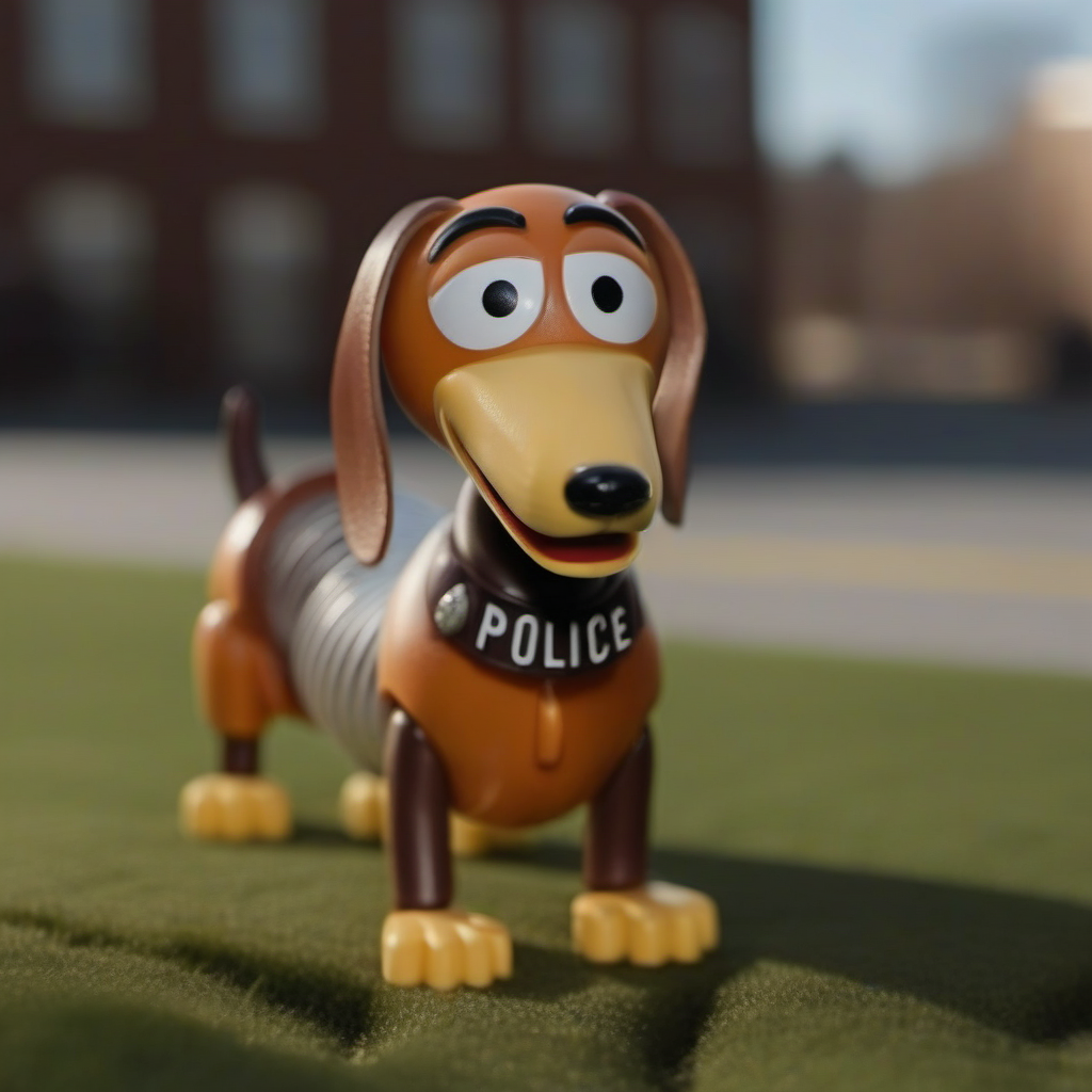 cinematic photo  a toy dog with a spring body is a police dog, new york<lora:SlinkyDog1024:0.8> . 35mm photograph, film, bokeh, professional, 4k, highly detailed