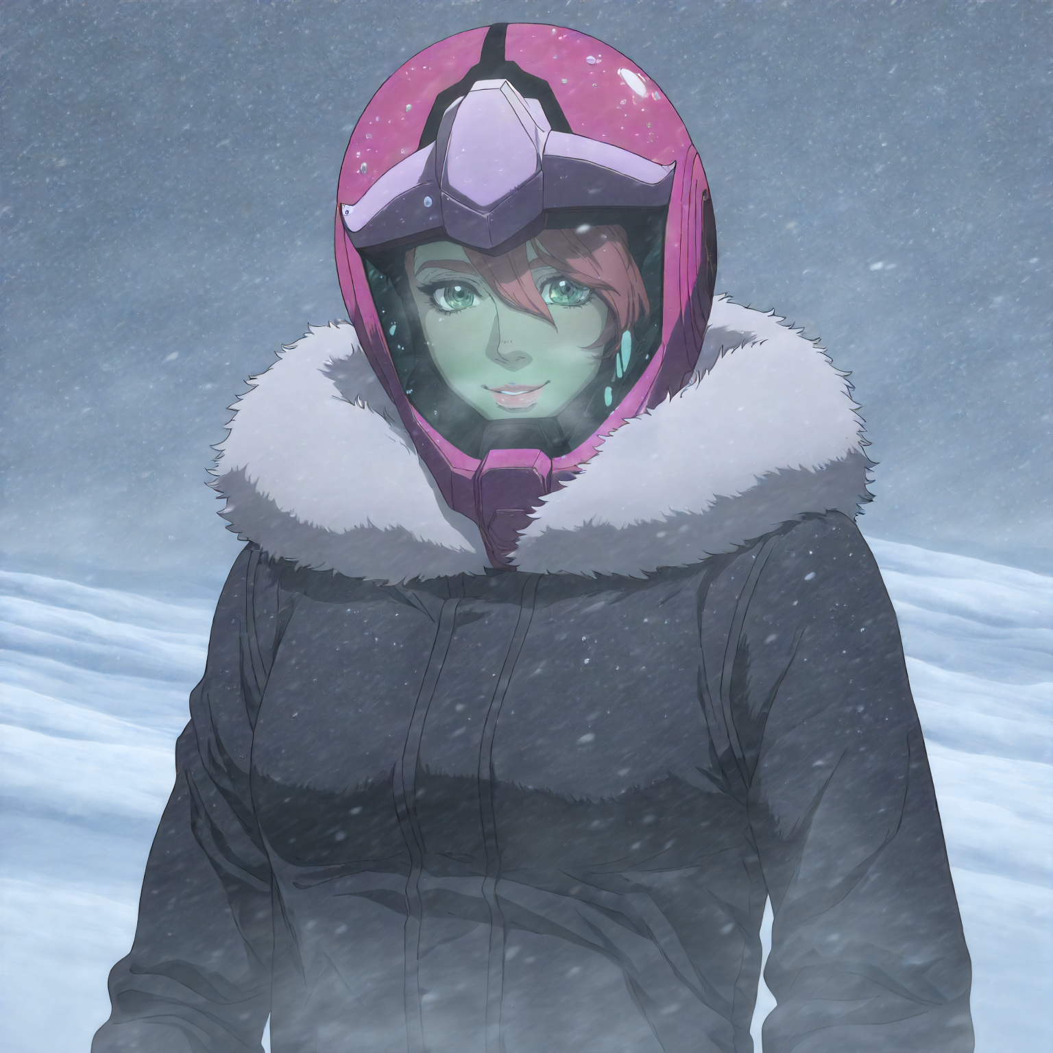 <lora:GTBBianca>,
detailed background,snow,snowstorm,fog,glitter,
smile,
looking at viewer,
solo,
GTBBianca,1girl,pink hair,green eyes,pink lips,breasts,
helmet,fur coat,black coat,
standing,
