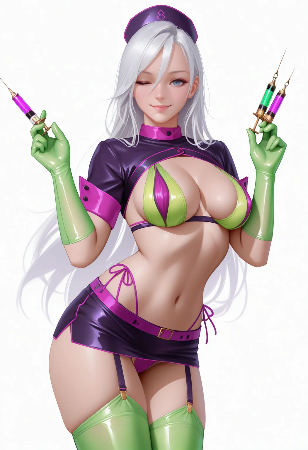 masterpiece, best quality, newest, realistic, solo, 1girl, smile, looking at viewer, standing, hands up, holding syringe, dual wielding, long hair, white hair, hair between eyes, blue eyes, one eye closed, purple headwear, nurse cap, revealing clothes, shrug \(clothing\), layered bikini, green bikini, purple bikini, green gloves, rubber gloves, black skirt, microskirt, purple belt, green thighhighs, thighhighs under boots, garter straps, thigh boots, navel, cleavage, medium breasts, simple background, white background
<segment:yolo-Anzhc Face seg 640 v2 y8n.pt,0.4,0.5//cid=1>