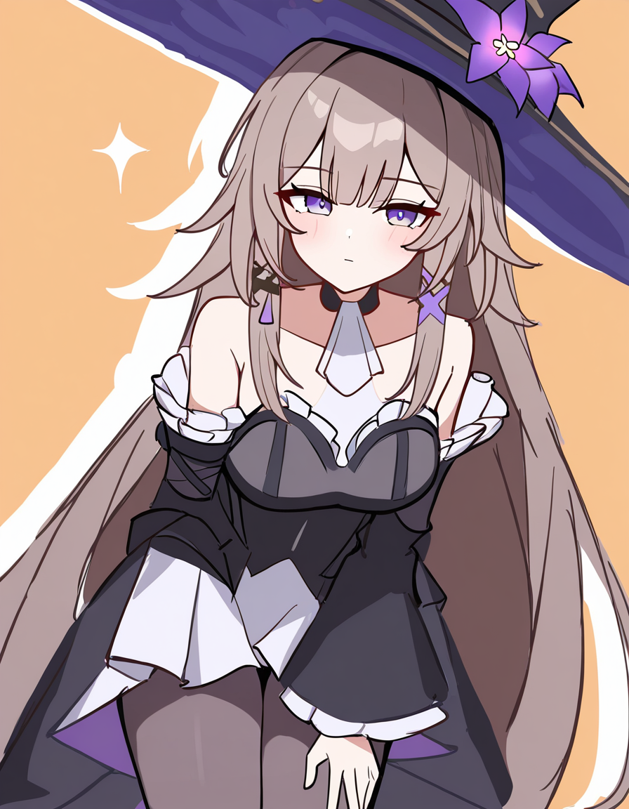 masterpiece, best quality, newest, absurdres, highres, safe,, <lora:the-herta-illustriousxl-lora-nochekaiser:1>, the herta, the herta (honkai: star rail), brown hair, long hair, purple eyes, medium breasts,, bare shoulders, black dress, black hat, detached sleeves, hat, hat flower, hat ornament, long sleeves, pantyhose, witch hat, minaret, tall, mosque, call to prayer, holy, , leaning forward, looking at viewer, solo,, cowboy shot, solo