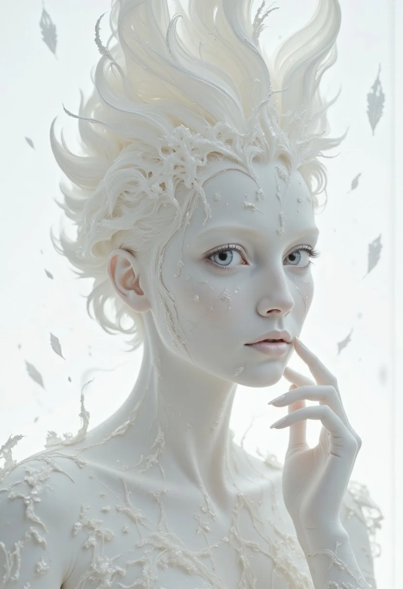 A closeup, surreal, ethereal portrait of a woman with a hauntingly beautiful, almost angelic presence. Her pale complexion is luminescent, blending seamlessly into the pure white background, creating an impression that she is emerging from light itself. Her very large piercing blue eyes are the focal point, their crystalline clarity and soft glow conveying a sense of otherworldly wisdom and calm. Her long lashes are bold and dramatic, contrasting starkly against her porcelain skin, drawing the viewer's gaze deeper into her haunting stare. Her features are delicately sculpted, with high cheekbones, a perfectly straight nose, and soft, full lips that hold a subtle, neutral expression, suggesting serenity and quiet strength. Her platinum-white hair flows and floats softly upwards, emphasizing her celestial appearance. The fine strands are light and wispy, blending seamlessly into the white backdrop with white ashes falling around her, adding to the ethereal atmosphere. The lighting is diffused and even, erasing shadows and creating a minimalistic aesthetic that places full focus on her striking features. The overall composition feels timeless, as if capturing the essence of purity and perfection, with a soft, dreamlike quality that invites introspection and awe. The simplicity of the image enhances its mystique, creating a profound, angelic presence that feels both familiar and otherworldly.