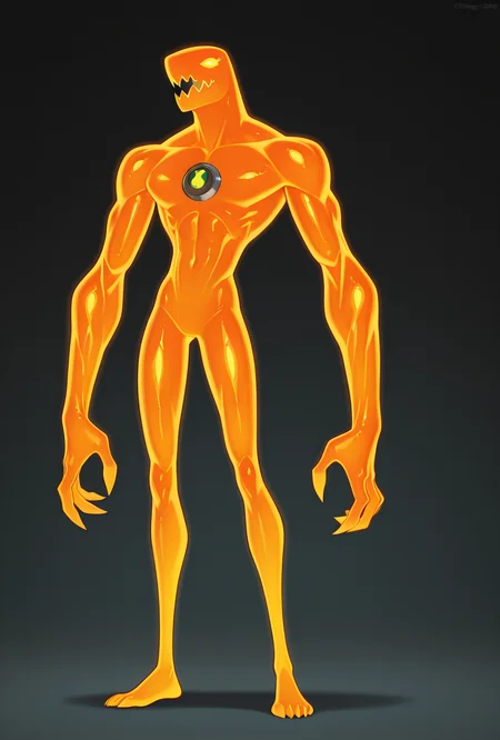 <lora:nrg-06:1>  nrg, solo, glowing skin, orange skin, anthro shark, massive arms, thin legs, short legs, sharp mouth,, masterpiece, best quality, amazing quality, very aesthetic, absurdres, newest,