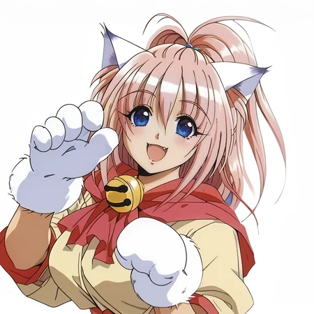 score_9, score_8_up, score_7_up, absurdres, source_anime, 1girl, solo, beautiful eyes, detailed eyes, (white background, simple background:1.3), from below , arms raised in the air, extend arms straight out ,
Melody_Sinclair, paw gloves, paw shoes, cat tail, large breasts,
smile, open mouth, fang, highlights,
pink leotard,yellow dress,yellow skirt,red sash,red scarf,tail ribbon,neck bell,
<lora:PerfectEyesXL:1> perfecteyes, <lora:Melody_Sinclair_v1_rev3-000040:0.8>