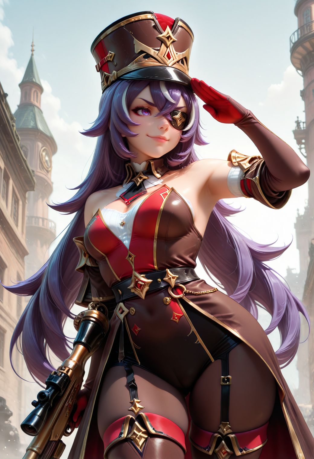 SmoothNoob_Quality, steampunk, 1girl, solo, chevreuse \(genshin impact\), holding sniper rifle, v-shaped eyebrows, eyepatch, light smile, pose, salute, <lora:SmoothStyle_Lambda:0.8> <lora:Smooth_SteamPunk:0.8>