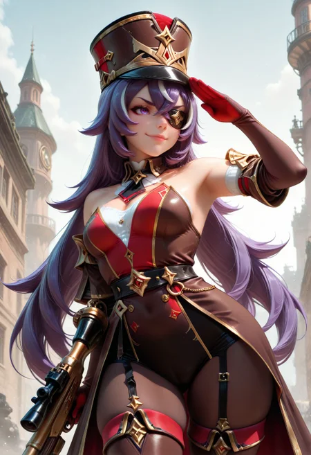 SmoothNoob_Quality, steampunk, 1girl, solo, chevreuse \(genshin impact\), holding sniper rifle, v-shaped eyebrows, eyepatch, light smile, pose, salute, <lora:SmoothStyle_Lambda:0.8> <lora:Smooth_SteamPunk:0.8>
