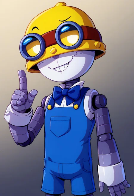 score_9_up, score_8_up, BREAK, <lora:NerdyGirlWithBuckTeeth_PXL_Leaf1:1>, gradient background, closed mouth, upper body, single index finger raised, smug,bscarl , 1boy , robot , yellow headwear , goggles on headwear covered eyes, yellow eyes , solo , blue overalls, shorts , sleeveless, red bowtie, no nose,buck teeth
