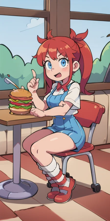 1girl, <lora:WendyW:0.7>, wendyw <lora:TFMToonWorld:1> (blue) striped dress, pigtails, stripes socks, ribbon, red hair, holding cheeseburger, in a restaurant, fast food, window, table and chair